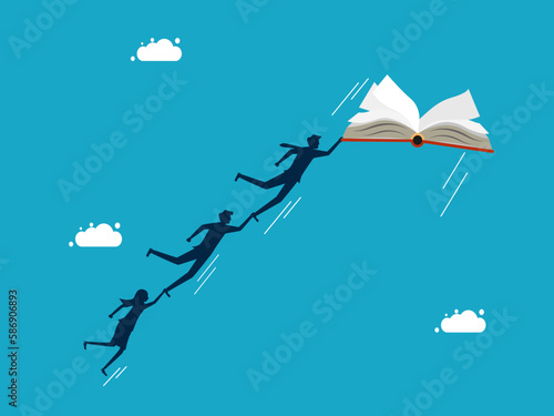 Freedom to think and learn. Businessman imagines flying with a book. business and investment concept vector