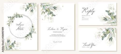 Set of rustic wedding invitations, rsvp and thank you cards with watercolor green leaves. Vector