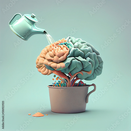 Human brain growing from a tree, watering can is pouring water on the mind, mental health concept, positive attitude, creative thinking, generative AI 