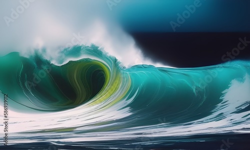 Ogromna spieniona fala, ocean, bryza. Ilustracja wygenerowana przez AI.