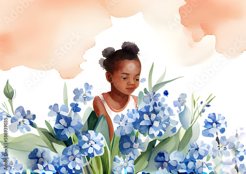 Urocza dziewczynka w kwiatach. Ilustracja wygenerowana przy pomocy AI.