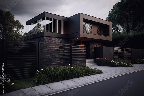 New modern contemporary house exterior with fence and front door. Generative AI