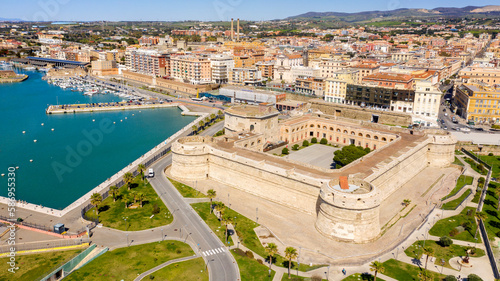 Aerial view of Fort Michelangelo, located in the port of Civitavecchia, in the Metropolitan City of Rome, Italy. The castle is in the shape of a quadrilateral and is located on the city's waterfront.