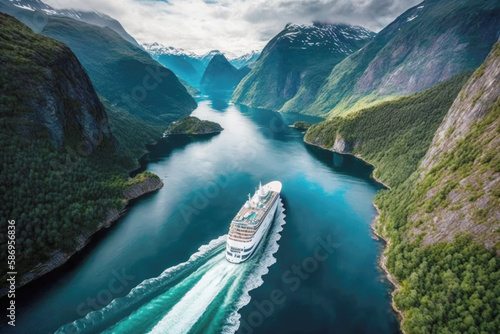 Cruise ship passes a narrow canyon of rock, one of the many natural wonders that can be found in Norwegian fjords. AI generative