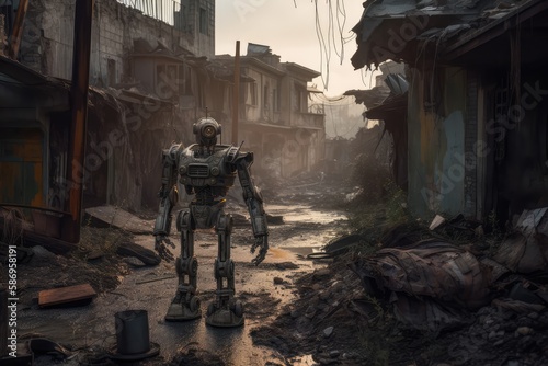 A robot standing in a ruined city after the war, made with generated ai