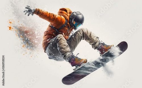 A person on a snowboard is doing a trick in the air, A drawing of a snowboarder that is in the air.