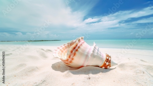 Conch shell on a sandy beach with the ocean in the background. Generative AI