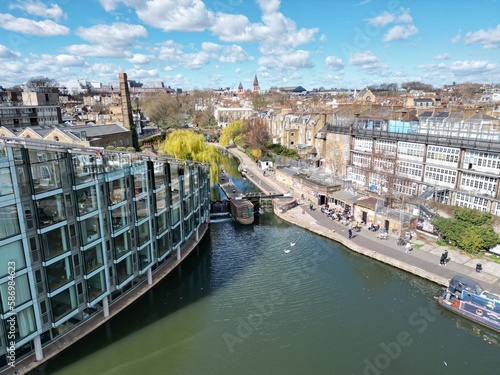 City road basin Regents canal Islington London UK drone aerial view ..