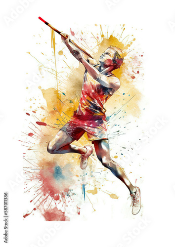 Javelin throw watercolor abstract illustration. One of the branches of athletics is the javelin throw. Colorful paint splatter javelin action, isolated on white background. AI generated illustration.