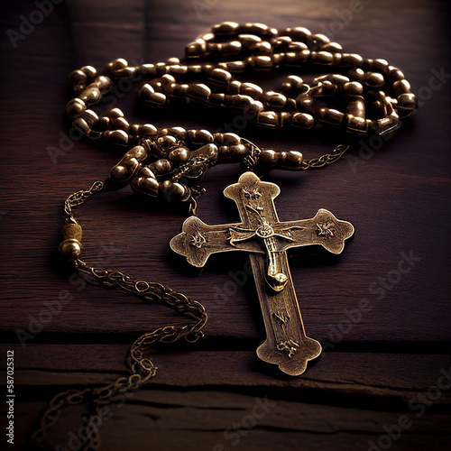 Christian rosary with metal crucifix on wooden background.