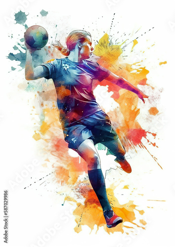 Watercolor abstract illustration of handball. Handball in action with colorful paint splash, isolated on white background. AI generated illustration.