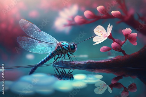 A macro photography of a dragonfly resting on a cherry blossom in a lake. Generative Ai