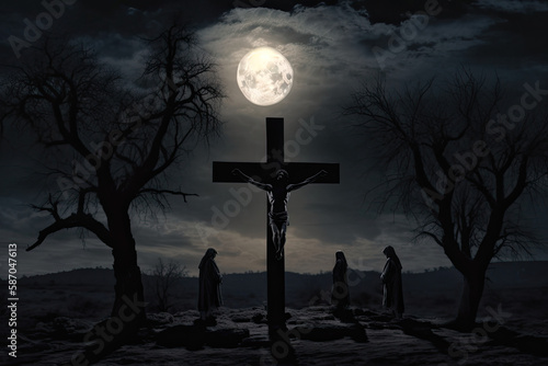 Eine Sonnenfinsternis während Jesus Christus am Kreuz hängt mit trauernden Frauen an seiner Seite, generative AI