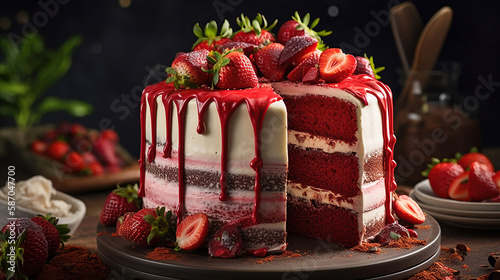 Red velvet cake with fresh strawberries. Generative Ai