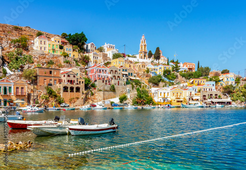 Symi town cityscape on Dodecanese islands, Greece