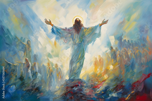 Resurrection and ascension of Christ to heaven, abstract oil painting style, ai generative