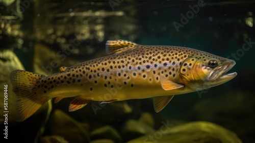 The Brown trout (Salmo trutta fario) in the aquarium, generative ai