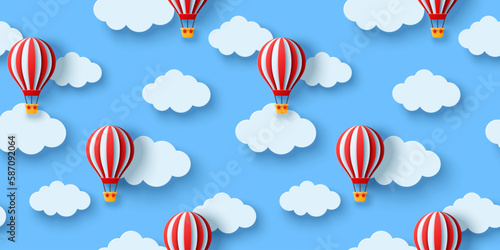 Seamless pattern with hot air balloons and clouds. Vector illustration. Cute baby boy wallpaper, childish adventure texture