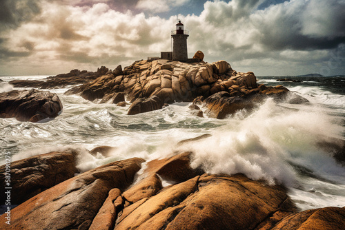 A lighthouse in the storm, Pink granite coast in French Brittany - generative ai
