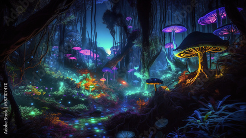 Vibrant Night Forest with Colorful Glowing Plants and Bright Shining Mushrooms, generative ai