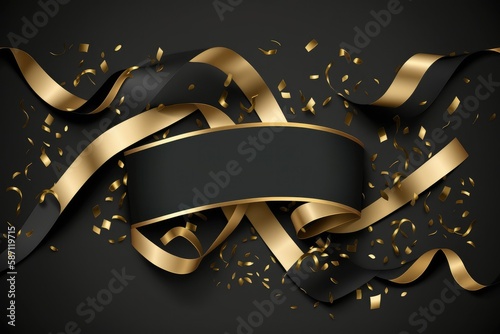 Celebration background template with confetti and gold ribbons. luxury greeting rich card. Generative ai.