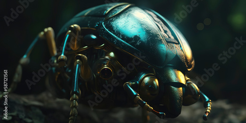 amazing macro photography of a cyborg scarab in the nature, futuristic, robot implants