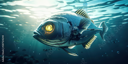 amazing photography of a cyborg fish in the ocean, sea, futuristic, robot implants