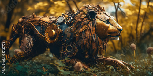 photography of a Steampunk Lion in nature, nature background, futuristic, cyberpunk implants