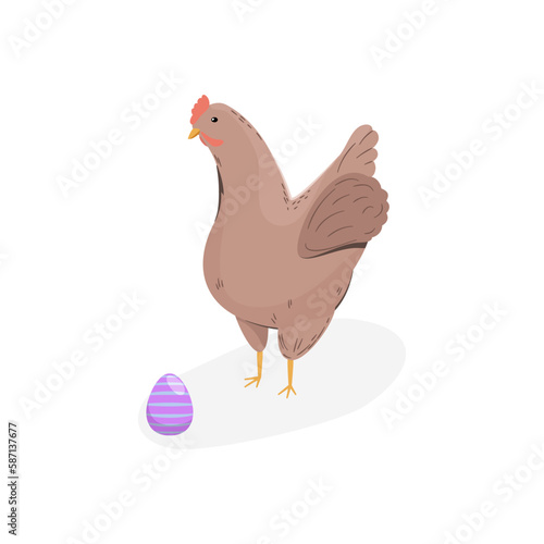Brązowy kurczak i błyszczące jajko. Stojąca kura i wielkanocna pisanka. Element do wykorzystania w projektach. Ilustracja wektorowa.