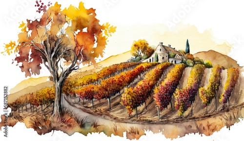 Vineyard in colorful autumn with a farm in the background, watercolor illustration. Generative AI