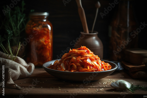 Close up photographic kimchi with professional background on a wooden table, Korean traditional food, generative AI.