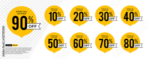 Discount Sticker of Special Offer 90% Off . 10, 20, 30, 40, 50, 60, 70, 80 percent. Black and Yellow Tag, Price Discount Label. Vector Illustration