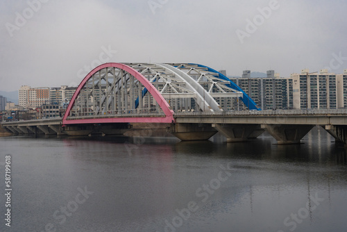 View of Soyang 2 Bridge over Soyang river during winter afternoon at Chuncheon , South Korea : 11 February 2023