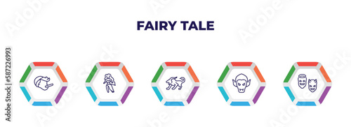 editable outline icons with infographic template. infographic for fairy tale concept. included pinocchio, madre monte, chimera, vampire, antagonist icons.