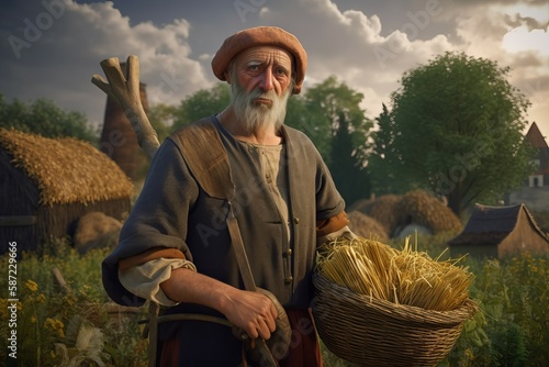 Medieval farmer with wheat basket. Generate Ai