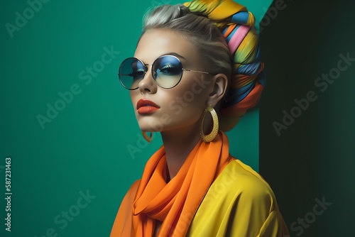 Beautiful fashion model portrait. European young woman wearing wearing glasses. Bright colors, stylish makeup. Generative AI
