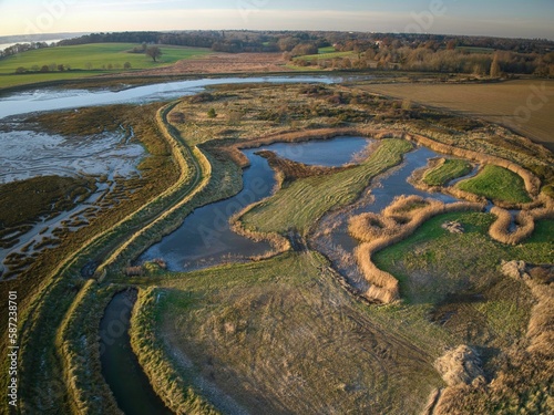 Aerial view of the Levington pond created by the floods in 1953 in Suffolk, England