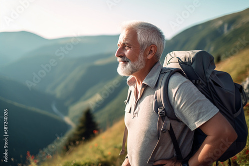 Active Mature man walking or hiking outdoors, AI generated