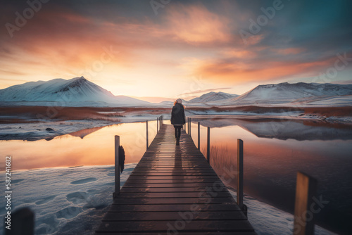 Mystical Nordic snowy landscape with mountains in the background, a person standing on a high mountain overlooking a lake at sunset, Generative AI