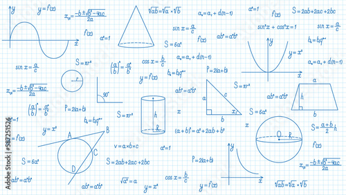 Background with mathematical formulas and graphs on the background of a sheet in a cage. Illustration on transparent background