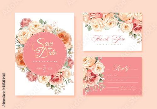 Wedding vector floral invite invitation thank you, rsvp card watercolor design set: garden flower pink peach Rose