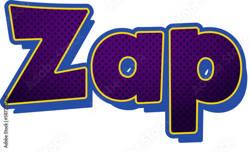 Digitally generated image of dot pattern design over purple zap text banner against white background