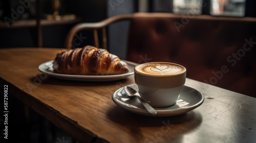 Petit déjeuner parisien, café crème et croissants sur la table d'un bistrot typique au petit matin