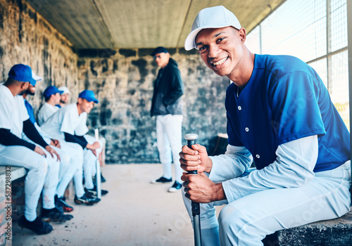 Baseball player, dugout and portrait of a black man with sports team and smile in stadium. Exercise, fitness and training motivation of a softball group at sport game feeling relax from solidarity