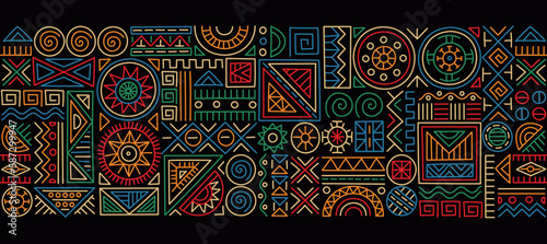 Ethnic pattern concept. Repeating seamless template with abstract geometric shapes. Background in traditional African style. Banner, cover or poster for website. Cartoon flat vector illustration