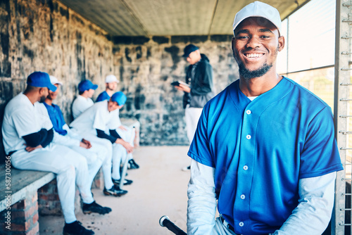 Baseball player, dugout and happy portrait of a black man with sports team and smile in stadium. Exercise, fitness athlete and training motivation of a softball group at game feeling happiness