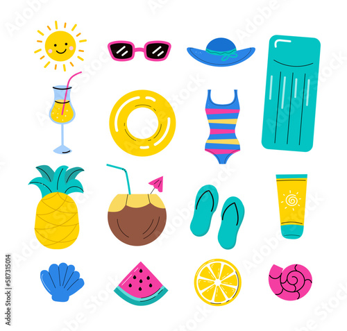 Different summer objects set, vector illustration. Beach and pool party design elements.