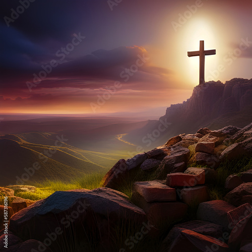 Krzyż chrześcijański na wzgórzu. Zachód słońca. Wygenerowane z AI.