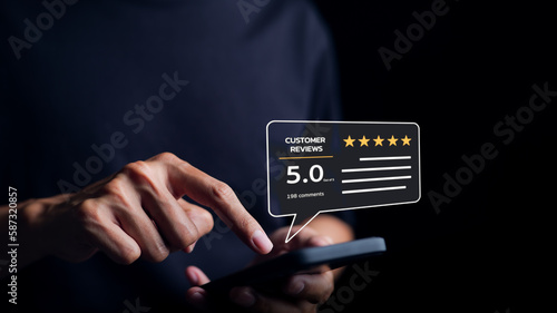 Man or User give rating to service excellent experience on a phone application. Client evaluate quality of service reputation ranking of business. Customer review satisfaction feedback survey concept.