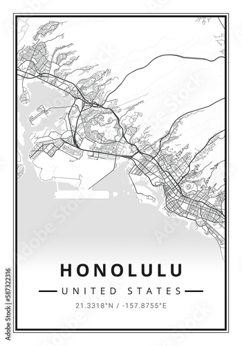 Street map art of Honolulu city in USA - United States of America - America